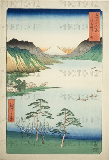Lake Suwa in Shinano Province (Shinshu Suwa no mizuumi), from the series Thirty-six Views of Mount Fuji (Fuji sanjurokkei), 1858, Utagawa Hiroshige ?? ??, Japanese, 1797-1858, Japan, Color woodblock print, oban, 37.1 x 25.5 cm (14 5/8 x 10 1/16 in.)