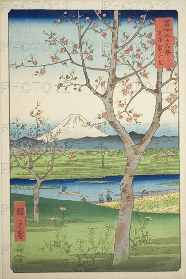 The Outskirts of Koshigaya in Musashi Province (Musashi Koshigaya zai), from the series Thirty-six Views of Mount Fuji (Fuji sanjurokkei), 1858, Utagawa Hiroshige ?? ??, Japanese, 1797-1858, Japan, Color woodblock print, oban, 36.2 x 24.8 cm (14 1/4 x 9 3/4 in.)