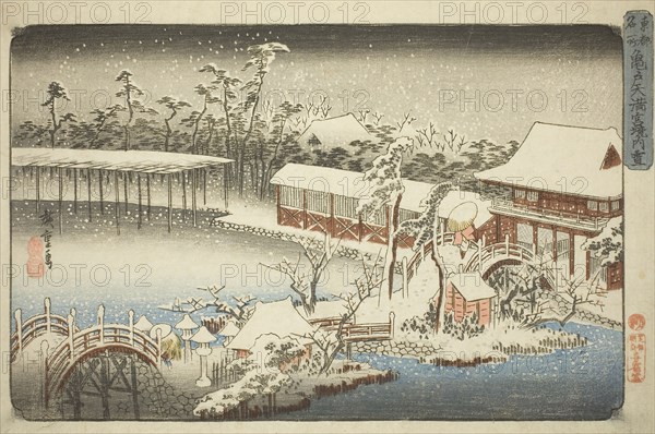 The Compound of the Tenman Shrine at Kameido in the Snow (Kameido Tenmangu keidai no yuki), from the series Famous Places in the Eastern Capital (Toto meisho), c. 1832/38, Utagawa Hiroshige ?? ??, Japanese, 1797–1858, Japan, Color woodblock print, oban, 8 7/8 x 13 1/2 in.