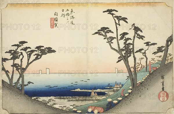 Shirasuka: View of Shiomi Slope (Shirasuka, Shiomizaka zu), from the series Fifty-three Stations of the Tokaido (Tokaido gojusan tsugi no uchi), also known as the Hoeido Tokaido, c. 1833/34, Utagawa Hiroshige ?? ??, Japanese, 1797-1858, Japan, Color woodblock print, oban, 24.2 x 36.2 cm (9 1/2 x 14 1/4 in.)