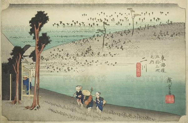 Futakawa: Sarugababa Plateau (Futakawa, Sarugababa), from the series Fifty-three Stations of the Tokaido (Tokaido gojusan tsugi no uchi), also known as the Hoeido Tokaido, c. 1833/34, Utagawa Hiroshige ?? ??, Japanese, 1797-1858, Japan, Color woodblock print, oban, 24.1 x 36.2 cm (9 1/2 x 14 1/14 in.)