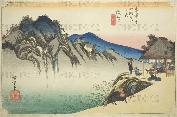 Sakanoshita: Peak of Fudesute Mountain (Sakanoshita, Fudesute mine), from the series Fifty-three Stations of the Tokaido (Tokaido gojusan tsugi no uchi), also known as the Hoeido Tokaido, c. 1833/34, Utagawa Hiroshige ?? ??, Japanese, 1797-1858, Japan, Color woodblock print, oban, 24.1 x 36.2 cm (9 1/2 x 14 1/4 in.)