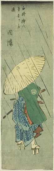 Inaba: Shirai Gonpachi Leaves His Home (Shirai Gonpachi hongoku o tachinoku, Inaba), section of sheet no. 12 from the series Cutout Pictures of the Provinces (Kunizukushi harimaze zue), 1852, Utagawa Hiroshige ?? ??, Japanese, 1797-1858, Japan, Color woodblock print, section of harimaze sheet, 23.6 x 7.3 cm