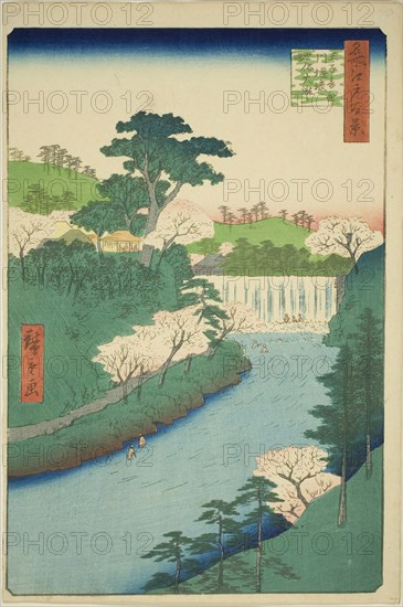 The Dam on the Otonashi River at Oji, Commonly Called The Great Waterfall (Oji Otonashigawa entai, sezoku Otaki to tonau), from the series One Hundred Famous Views of Edo (Meisho Edo hyakkei), 1857, Utagawa Hiroshige ?? ??, Japanese, 1797-1858, Japan, Color woodblock print, oban