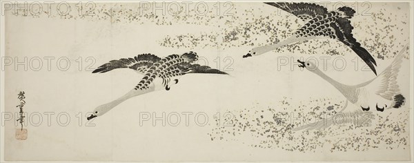 Descending Geese, c. 1830, Utagawa Hiroshige ?? ??, Japanese, 1797-1858, Japan, Woodblock print, nagaban, surimono, 7 5/8 x 19 3/8 in.