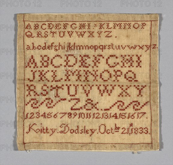 Sampler, 1833, Kitty (née Dodsley) Marriott Moffatt (English, 1825-1902), England, United States, Tiffany cloth embroidered with red silk, 15 x 16 cm (6 x 6 1/4 in.)