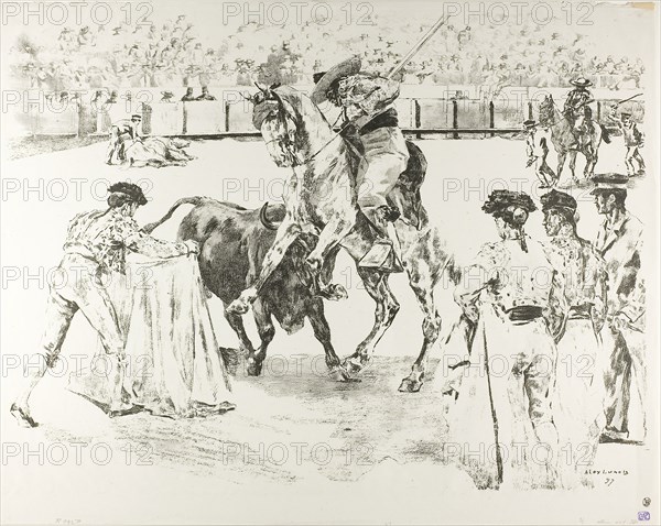 Bull-Fight, 1897, Alexandre Lunois, French, 1863-1916, France, Lithograph in black and gray on grayish-ivory China paper, 440 × 590 mm (image), 482 × 610 mm (sheet)