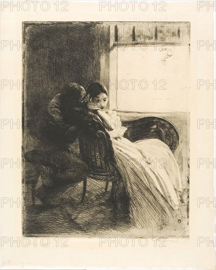 Flirtation, plate six from Woman, c. 1886, Albert Besnard, French, 1849-1934, France, Etching, aquatint and drypoint on cream Japanese paper, 319 × 247 mm (plate), 394 × 312 mm (sheet)
