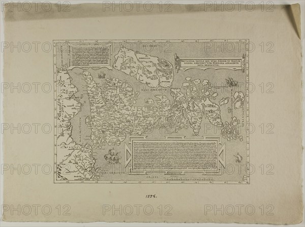 Britannia, 1558, reprinted 1889, Unknown Artist, English, 19th century, England, Woodcut in black on cream laid paper, 258 × 350 mm