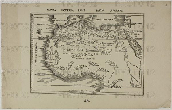 Tabula Moderna Prime Partis Aphricae, 1513, reprinted 1889, Unknown Artist, English, 19th century, England, Woodcut in black on cream laid paper, 270 × 349 mm