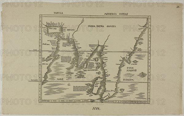 Tabula Moderna Indiae, 1513, reprinted 1889, Unknown Artist, English, 19th century, England, Woodcut in black on cream laid paper, 219 × 347 mm