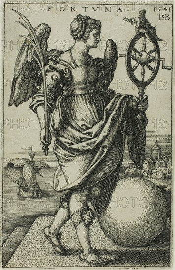 Fortune, 1541, Sebald Beham, German, 1500-1550, Germany, Engraving in black on ivory laid paper, 78 x 50 mm (image/plate), 79 x 51.5 mm (sheet)
