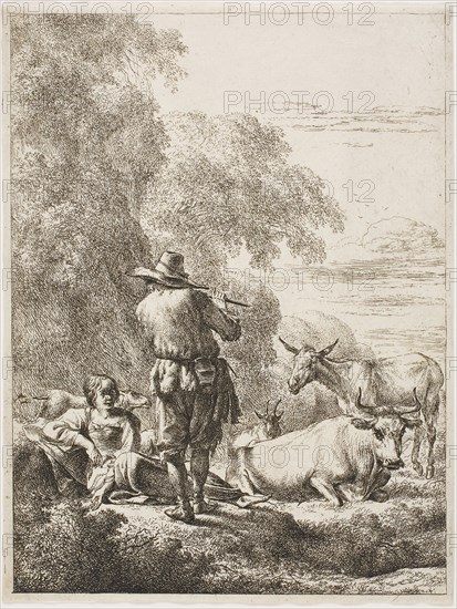 Shepherd Playing a Flute, 1644/45, Nicolaes Berchem the Elder, Dutch, 1621/22-1683, Holland, Etching in black on cream laid paper, 185 x 139 mm