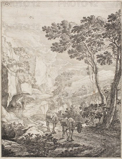 The Two Mules, from a set of four Italian Landscapes, 1645/50, Jan Both, Dutch, c. 1618-1652, Holland, Etching on paper, 266 x 205 mm