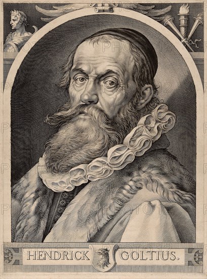 Portrait of Hendrick Goltzius, c. 1617, Jan Harmensz Muller (Dutch, 1571-1628), after Hendrick Goltzius (Dutch, 1558-1617), Holland, Engraving in black on buff laid paper, 577 x 421 mm (image), 580 x 429 mm (plate), 600 x 440 mm (sheet)
