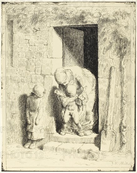 The Maternal Precaution, 1860, published 1921, Jean François Millet (French, 1814-1875), published by Sagot-Le Garrec and Company, France, Cliché-verre on cream wove photo-sensitized paper, 302 × 242 mm (image), 302 × 242 mm (sheet)