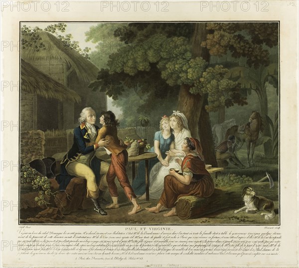 The Arrival of Bourdonnais, 1795, Charles-Melchior Descourtis, French, 1753-1820, France, Etching and engraving printed in yellow, blue, red, and black inks on paper, 375 × 410 mm (image), 420 × 465 mm (sheet, cut within platemark)