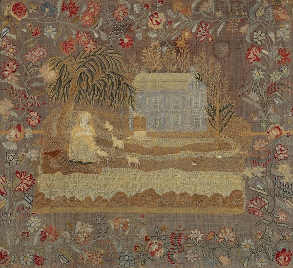 Sampler, 1820s, United States, Maryland, Baltimore, United States, Linen, plain weave, appliquéd with silk, satin weave, painted, embroidered with silk, silk chenille, and wool in cross, overcast, satin, split, stem, and tent stitches, 88 x 97.8 cm (34 5/8 x 38 1/2 in.)