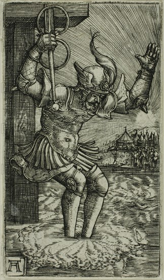 Horatius Cocles Leaping into the Tiber, 1520/30, Albrecht Altdorfer, German, c.1480-1538, Germany, Engraving in black on ivory laid paper, 65 x 37 mm (image/plate/sheet)