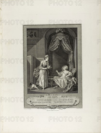 The Bath, from Monument du Costume Physique et Moral de la fin du Dix-huitième siècle, 1774, Antoine Louis Romanet (French, 1742-c. 1810), after Sigmund Freudeberg (Swiss, 1745-1801) and Jean Henri Eberts (Swiss, 18th century), published by Laurent-François Prault (French 1712-1780), France, Engraving on paper, 270 × 210 mm (image), 406 × 323 mm (plate), 548 × 414 mm (sheet)