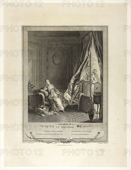 The Boudoir, from Monument du Costume Physique et Moral de la fin du Dix-huitième siècle, 1774, Pierre Maleuvre (French, 1740-1803), after Sigmund Freudeberg (Swiss, 1745-1801) and Jean Henri Eberts (Swiss, 18th century), published by Laurent-François Prault (French 1712-1780), France, Engraving on ivory laid paper, 280 × 230 mm (image), 408 × 324 mm (plate), 503 × 379 mm (sheet)