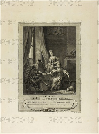 La Toilette, from Monument du Costume Physique et Moral de la fin du Dix-huitième siècle, 1774, Nicolas Joseph Voyez (French, 1742-1806), after Sigmund Freudeberg (Swiss, 1745-1801), published by Laurent-François Prault (French 1712-1780), France, Engraving on paper, 265 × 206 mm (image), 406 × 322 mm (plate), 511 × 377 mm (sheet)