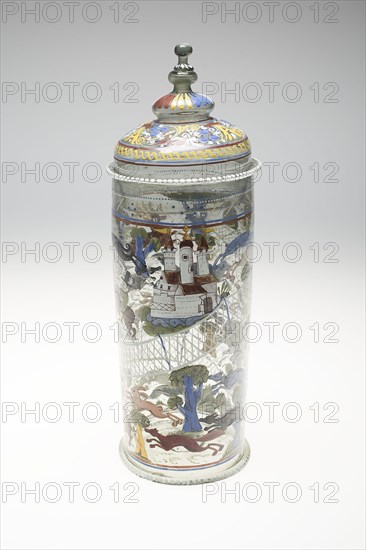 Beaker with Cover (Humpen) with Hunting Scenes, 1550/1600, Bohemian or German, Bohemia, Colorless glass and enamel, H: 38.1 cm (15 in.)