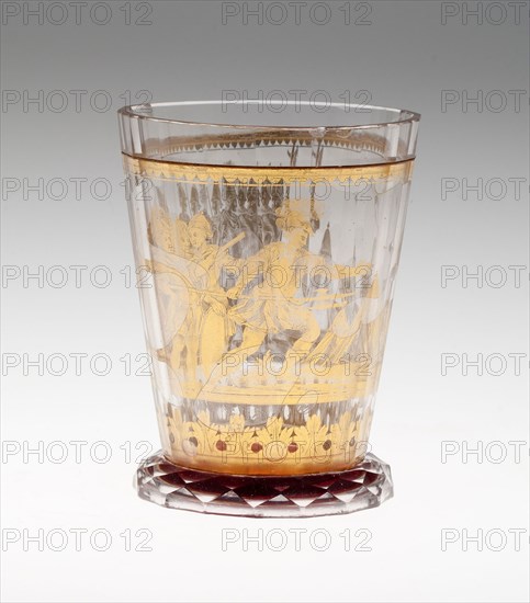 Beaker, c. 1730, Bohemia, Czech Republic, Bohemia, Glass with engraved gold leaf decoration, 10.3 × 7.9 cm (4 1/16 × 3 1/8 in.)