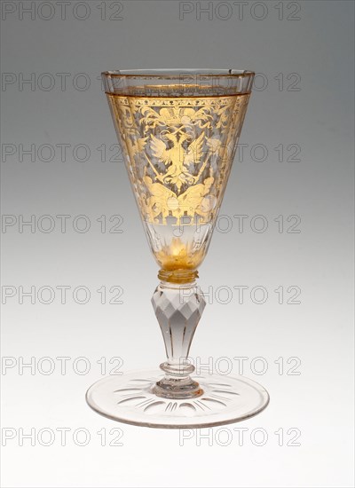 Wine Glass, Early 18th century, Bohemia, Czech Republic, Bohemia, Glass with engraved gold leaf decoration, 17.6 × 7.9 cm (6 15/16 × 3 1/8 in.)
