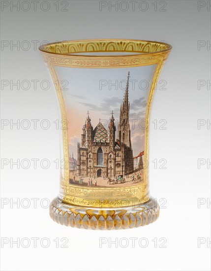 Beaker with St. Stephen’s Cathedral, Vienna, c. 1830, Anton Kothgasser, Austrian, 1769-1851, Vienna, Austria, Vienna, Glass, colorless, blown, cut, transparent enamels and gilding, 11 x 8.4 cm (4 5/16 x 3 5/16 in.)