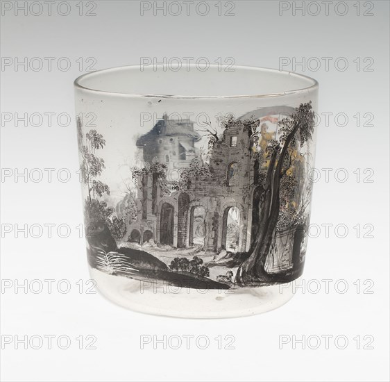 Beaker, c. 1665, Painted by Johann Schaper, German, 1621-1670, Nuremberg, Germany, Nuremberg, Glass with enamel decoration, 7.9 x 8.1 cm (3 1/8 x 3 3/16 in.)