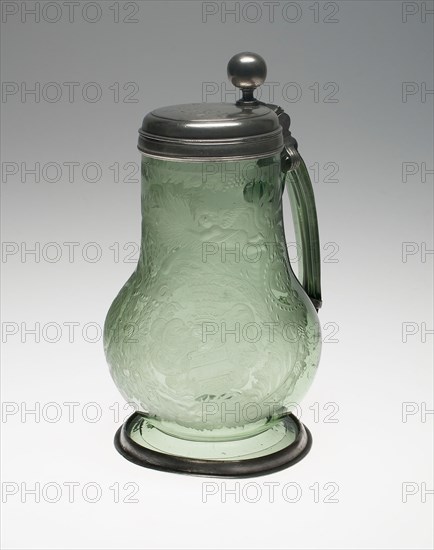 Armorial Covered Tankard, 1714, Germany, Glass with pewter mounts, 26.4 x 13.3 cm (10 3/8 x 5 1/4 in.)