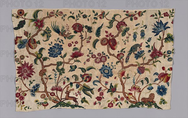 Portion from a Valance, 1701/25, England, Linen, plain weave over coarser and heavy plain weave linen, embroidered through both layers in wool yarns, in chain, long, short and feather stitches, French knots, 55.6 × 87.6 cm (21 7/8 × 34 1/2 in.)