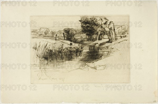 A Backwater, c. 1877, Francis Seymour Haden, English, 1818-1910, England, Drypoint on ivory laid paper, 139 × 204 mm (image/plate), 207 × 308 mm (sheet)