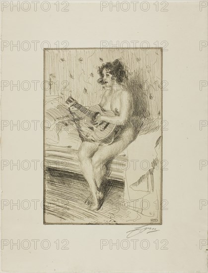 The Guitar-Player, 1900, Anders Zorn, Swedish, 1860-1920, Sweden, Etching on ivory laid paper, 238 x 160 mm (image/plate), 360 x 277 mm (sheet)