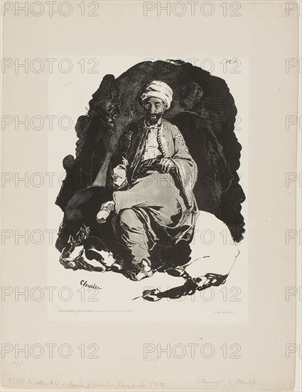 Seated Turk, plate one from Ink Sketches by Charlet, 1828, Nicolas Toussaint Charlet (French, 1792-1845), published by Fères Chez Gihaut (French, 19th century), printed by François le Villain (French, active early 19th century), France, Lithograph in black on ivory China paper, laid down on cream wove paper, 247 × 185 mm (primary support), 359 × 274 mm (secondary support)