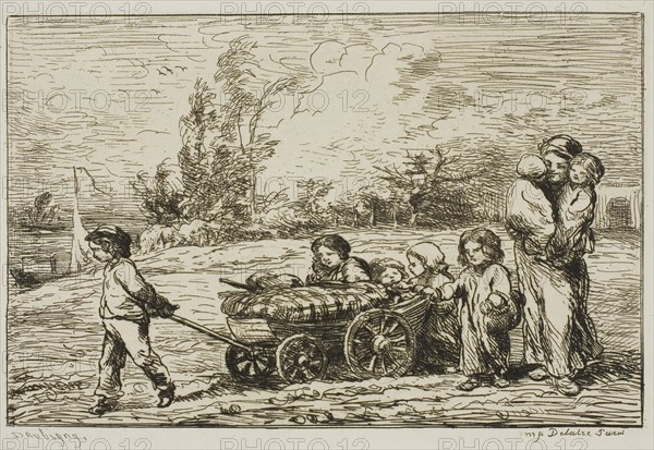 Moving in with the Wagon (The Furnishings of the Boat), 1861, Charles François Daubigny, French, 1817-1878, France, Etching on ivory laid paper, 135 × 187 mm (plate), 225 × 300 mm (sheet)