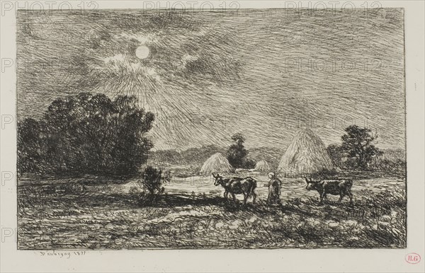 Moonlight in Valmondois, 1877, Charles François Daubigny, French, 1817-1878, France, Etching and drypoint on ivory chine laid down on white wove paper, 131 × 218 mm (image), 189 × 266 mm (plate), 296 × 389 mm (sheet)