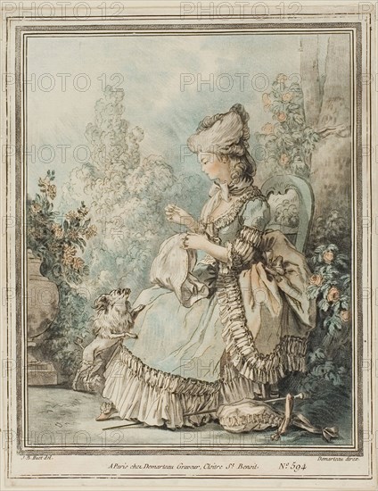 The Dog’s Repast, 1778/79, Gilles-Antoine Demarteau (French, c. 1750-1802), after Jean-Baptiste Huet (French, 1745-1811), France, Color crayon-manner engraving, with hand-coloring, on ivory laid paper, 215 × 169 mm (image), 222 × 172 mm (sheet, cut within plate mark)