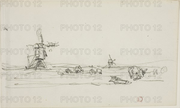 Landscape in Holland (recto), Sketch of Windmills by Water (verso), 1837/78, Charles François Daubigny, French, 1817-1878, France, Graphite (recto and verso) on ivory wove paper, 100 × 165 mm