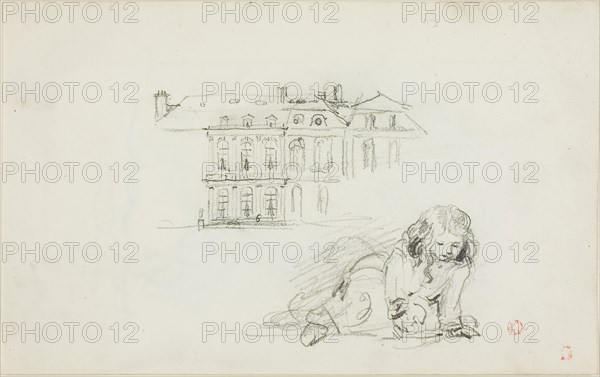 Sketches: The Hotel de Ville, Tours and a Girl Playing (recto), Stork (verso), 1837/78, Charles François Daubigny, French, 1817-1878, France, Graphite (recto and verso) on ivory wove paper, 125 × 199 mm