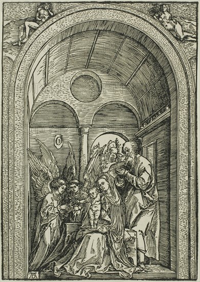 The Holy Family with Two Angels in a Vaulted Hall, c. 1503–04, Albrecht Dürer, German, 1471-1528, Germany, Woodcut in black on ivory laid paper, 219 x 154 mm