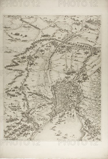 Plate Two from La Siège de la Rochelle, 1631, Jacques Callot (French, 1592-1635), printed by Chalcographie du Louvre, Paris, France, Etching on paper, 567 × 443 mm (image), 576 × 449 mm (plate), 715 × 512 mm (sheet)