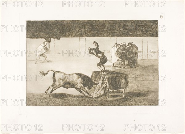 Another madness of his in the same ring, plate 19 from The Art of Bullfighting, 1815, published 1816, Francisco José de Goya y Lucientes, Spanish, 1746-1828, Spain, Etching, burnished aquatint, drypoint and burin on ivory laid paper, 205 x 319 mm (image), 245 x 353 mm (plate), 322 x 445 mm (sheet)
