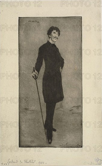 Portrait of Whistler, c. 1888, Henri Charles Guérard (French, 1846-1897), after William Merritt Chase (American, 1849-1916), France, Etching, drypoint, roulette and aquatint on light green wove paper, 214 × 104 mm (plate), 270 × 167 mm (sheet)