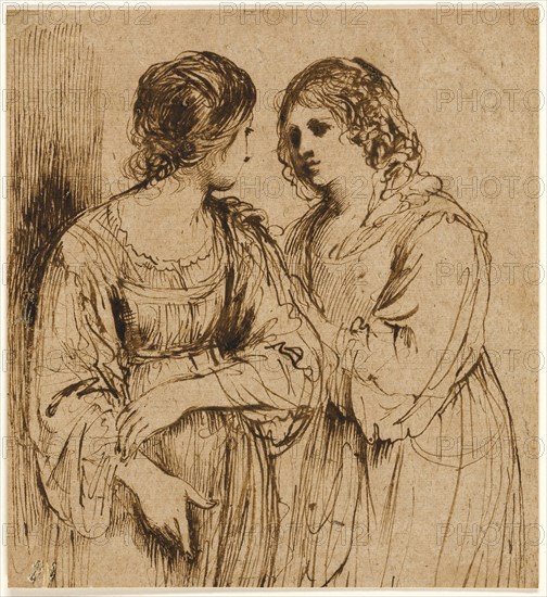 Two Young Women in Conversation, n.d., Guercino, school of, Italian, 1591-1666, Italy, Pen and iron gall ink on buff laid paper, laid down on cream laid paper, 222 x 204 mm