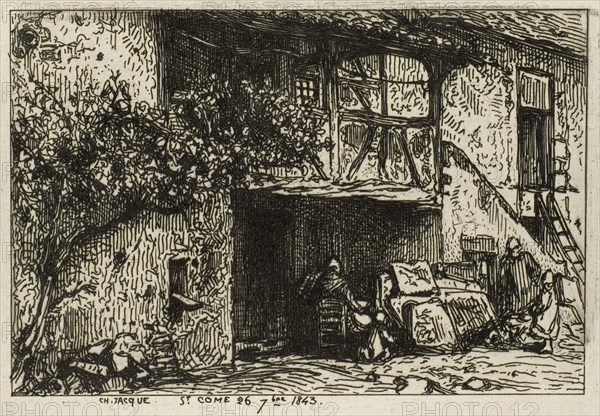 Stairs in Front of a House, 1843, Charles Émile Jacque, French, 1813-1894, France, Etching on ivory China paper laid down on ivory wove paper, 43 × 70 mm (image), 152 × 76 mm (chine), 201 × 129 mm (plate), 433 × 311 mm (sheet)
