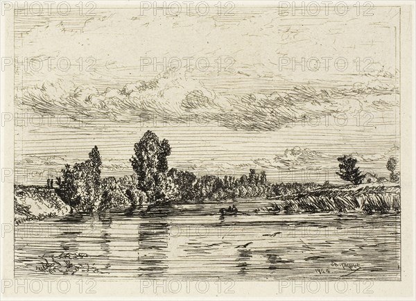 Landscape Near Asnières, 1844, Charles Émile Jacque, French, 1813-1894, France, Etching and drypoint on light gray China paper laid down on ivory wove paper, 75 × 106 mm (image), 81 × 112 mm (chine), 95 × 144 mm (plate), 152 × 258 mm (sheet)
