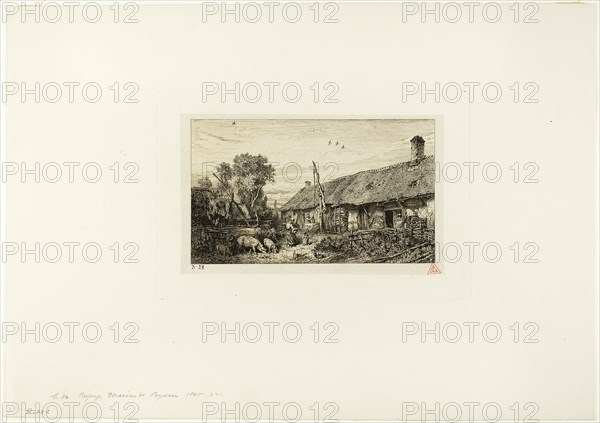 Landscape with Peasant Home, 1845, Charles Émile Jacque, French, 1813-1894, France, Etching and drypoint on light gray China paper laid down on ivory wove paper, 104 × 175 mm (image), 115 × 188 mm (chine), 150 × 225 mm (plate), 300 × 424 mm (sheet)
