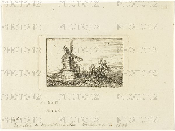 Windmill, 1846, Charles Émile Jacque, French, 1813-1894, France, Etching on ivory laid paper, 42 × 67 mm (image), 47 × 78 mm (plate), 112 × 150 mm (sheet)